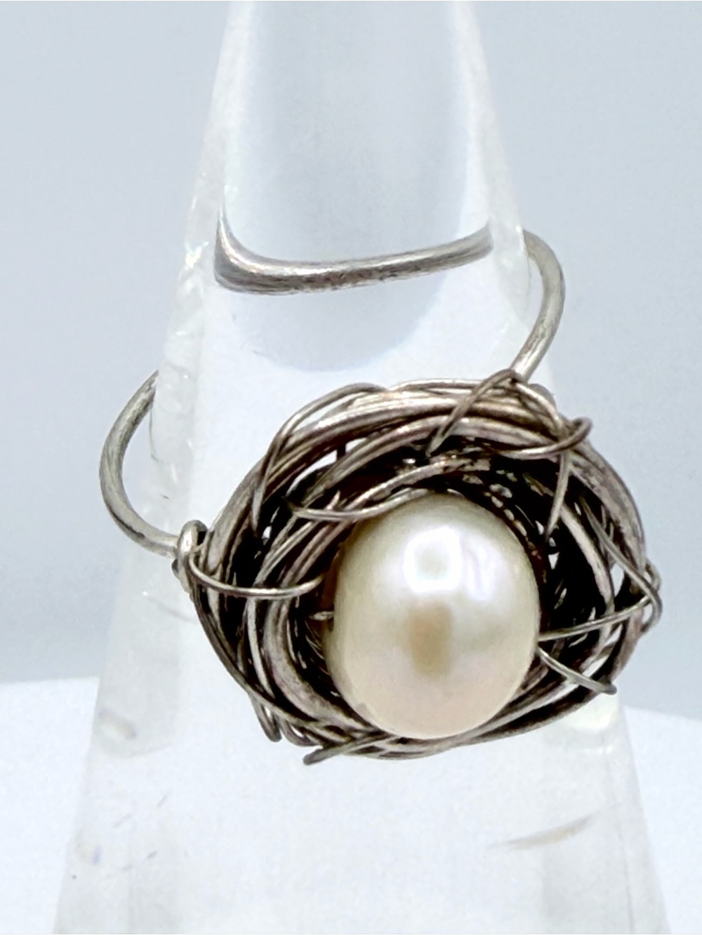 Freshwater Pearl Bird Nest Silver-Tone Wire Wrapped Woman’s Ring Adjustable